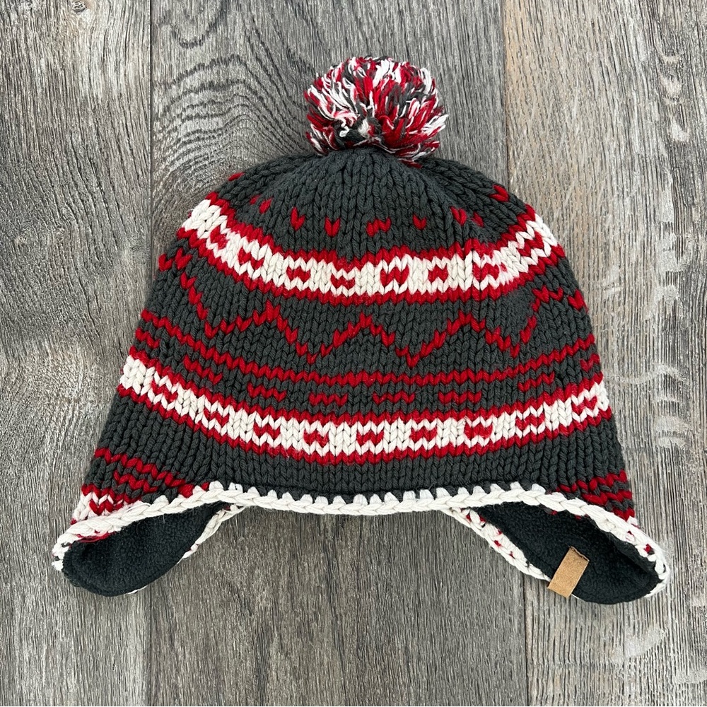 WOOLRICH Knit Winter Pom Beanie Hat with Ear Flaps Gray Red One Size